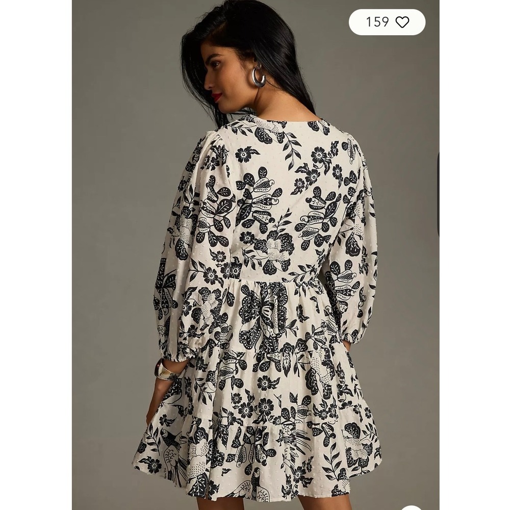 Farm Rio Anthropologie Black White Floral Bird Swiss Dot Wrap Mini Dress Small - Picture 2 of 7